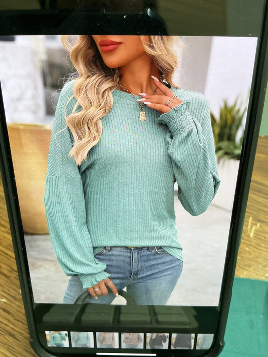 Lake Green Ribbed Knit Crewneck